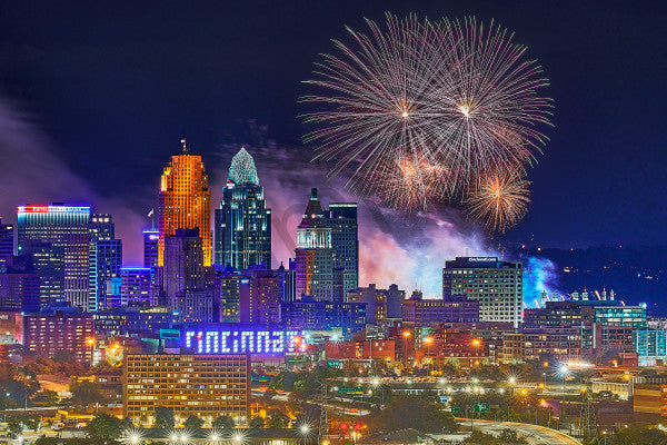 Fine art landscape photography of webn 2022 fireworks over cinci in Cincinnati, Ohio by Patrick J. Quigley